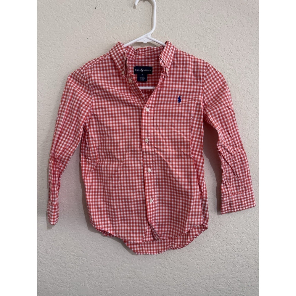 Ralph Lauren Boys Orange White Gingham Long Sleeve Button Down Shirt Size 6